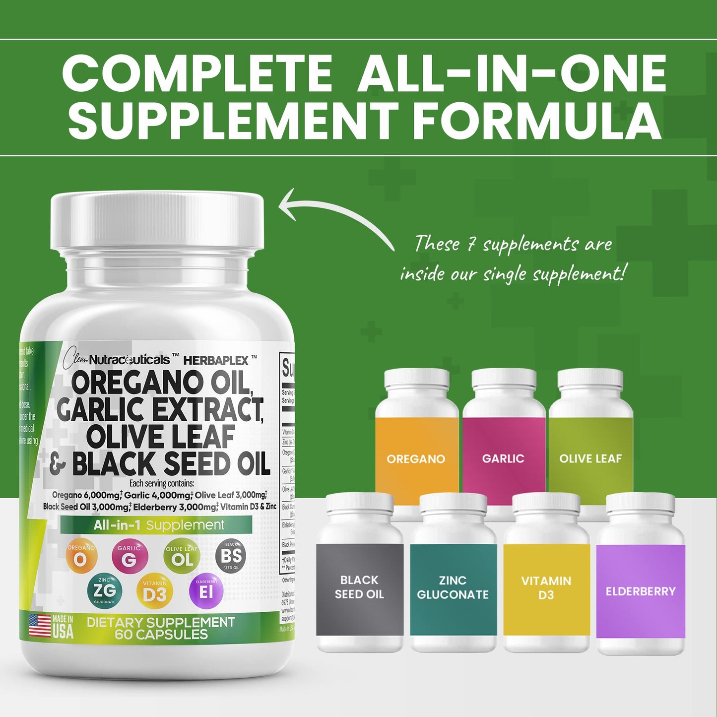 Oregano Oil 6000mg Garlic Extract 4000mg Olive Leaf 3000mg Black Seed Oil 3000mg - Immune Support & Digestive Health Supplement for Women and Men with Vitamin D3 and Zinc - Made in USA 60 Caps