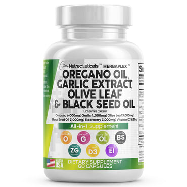 Oregano Oil 6000mg Garlic Extract 4000mg Olive Leaf 3000mg Black Seed Oil 3000mg - Immune Support & Digestive Health Supplement for Women and Men with Vitamin D3 and Zinc - Made in USA 60 Caps