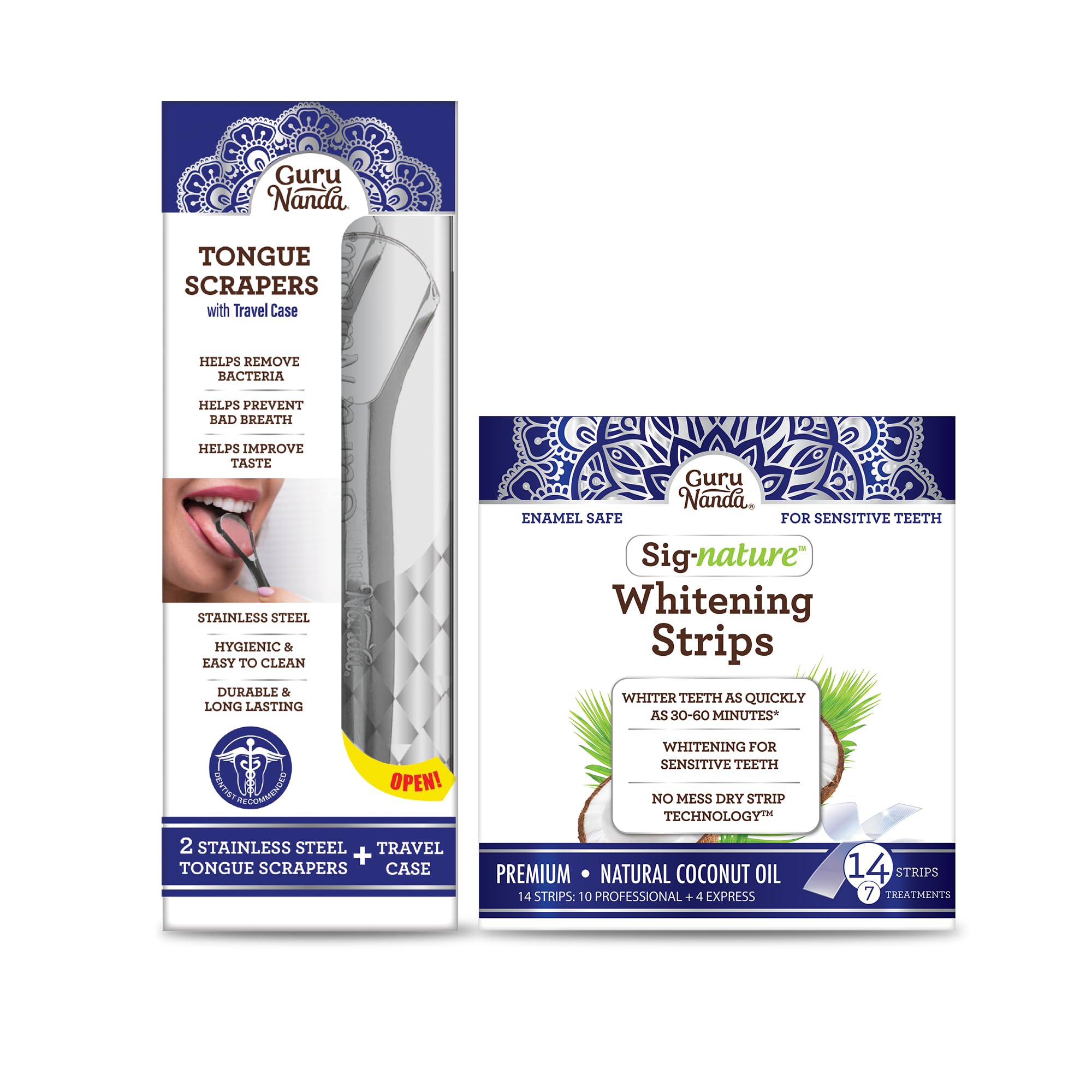 GuruNanda Stainless Steel Tongue Scraper (Pack of 2), Helps with Bad Breath & GuruNanda Whitening Strips with Coconut Oil for Gentle Teeth Whitening of Sensitive Teeth & Gums