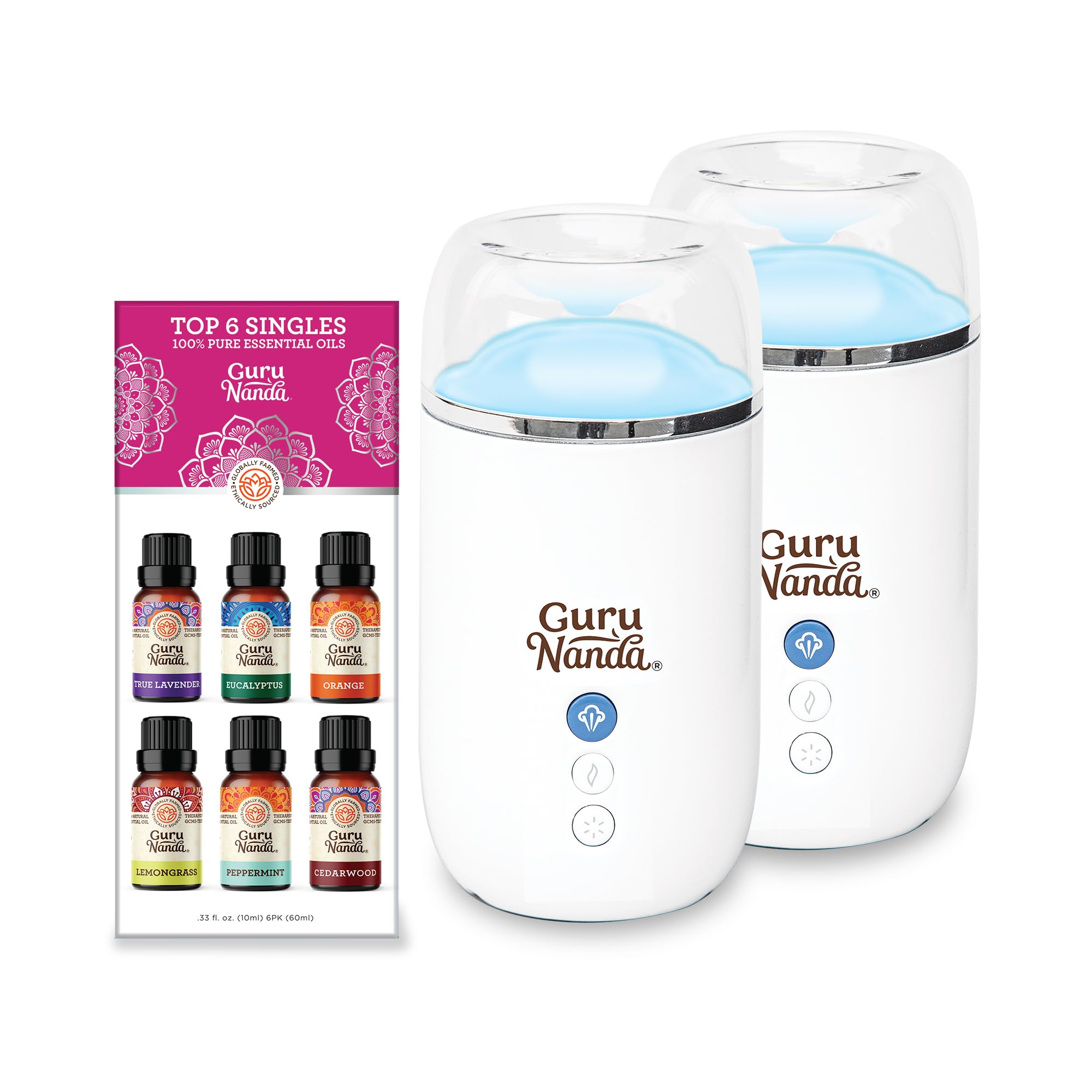 GuruNanda (Set of 6) Therapeutic Grade Essential Oils - 100% Pure & Natural Aromatherapy Single Notes for Oil Diffusers & Topical Use & Essential Oil Diffuser (Pack of 2) - 100 ML Ultrasonic Diffuser