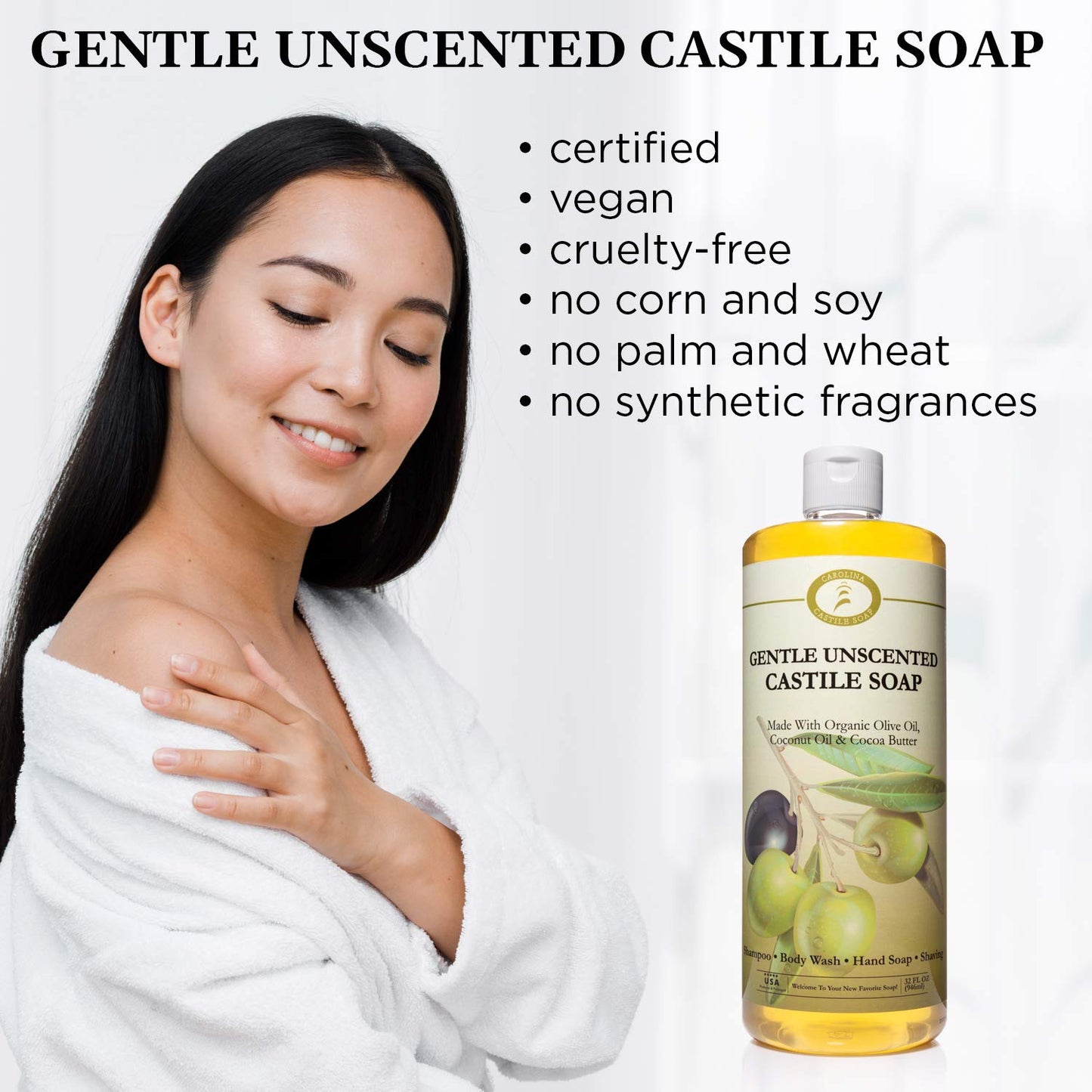 Carolina Castile Soap Unscented Castile Soap Liquid - 32 oz Vegan & Pure Organic Soap Concentrated Non Drying All Natural Formula Good for Sensitive Skin (32 Ounces)