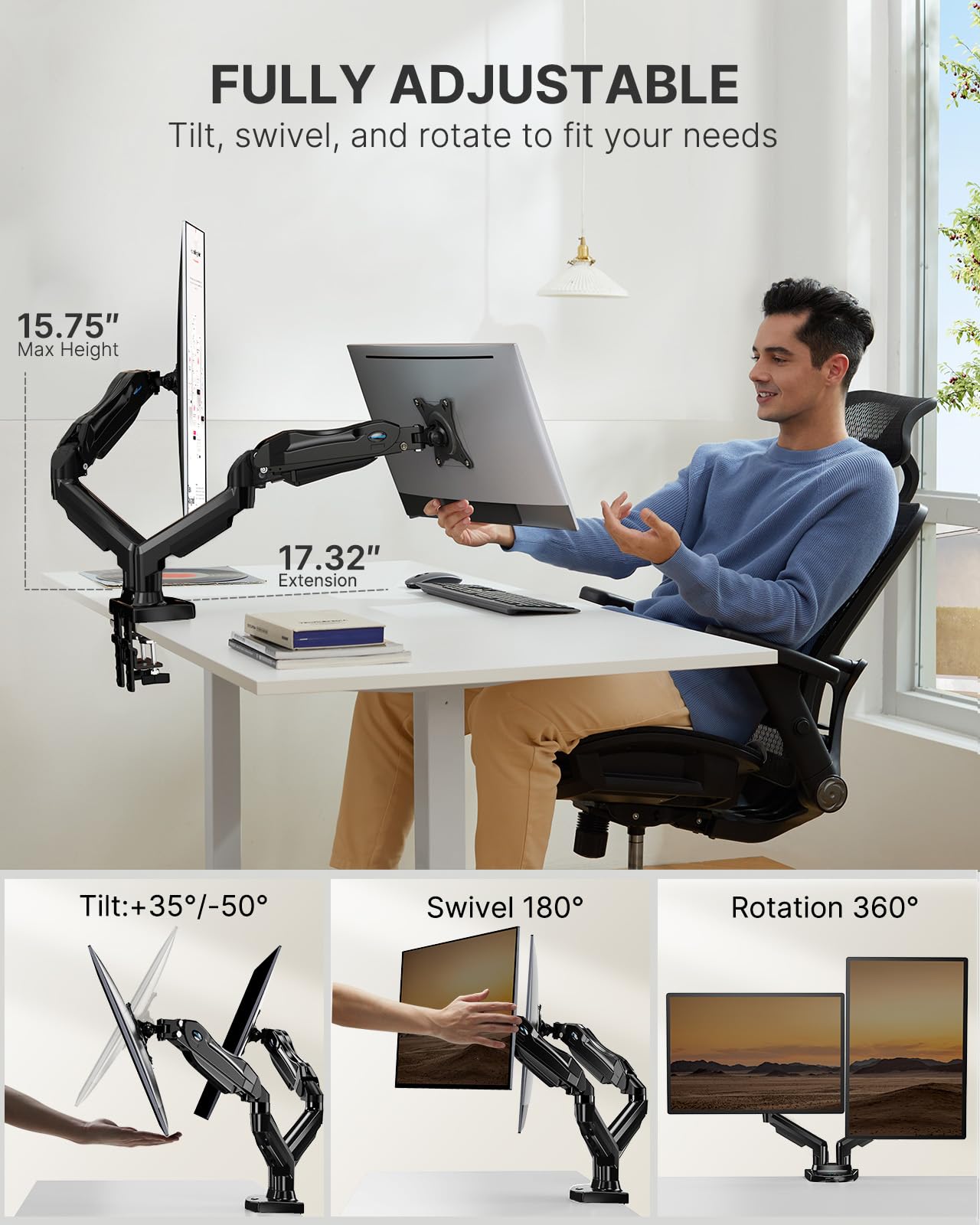 HUANUO Dual Monitor Stand - Adjustable Spring Monitor Desk Mount Swivel Vesa Bracket with C Clamp, Grommet Mounting Base for 13 to 27 Inch Computer Screens - Each Arm Holds 4.4 to 14.3lbs