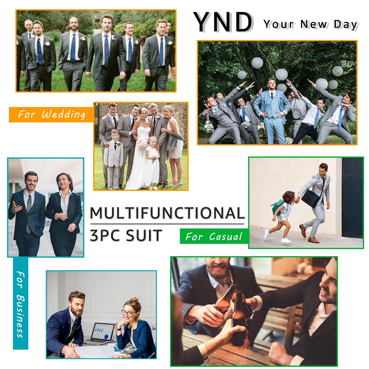 YND Men's Slim Fit 2 Button 3 Piece Suit Set, Blazer Jacket Vest Pants and Tie, Solid Wedding Dress Tux and Trousers White