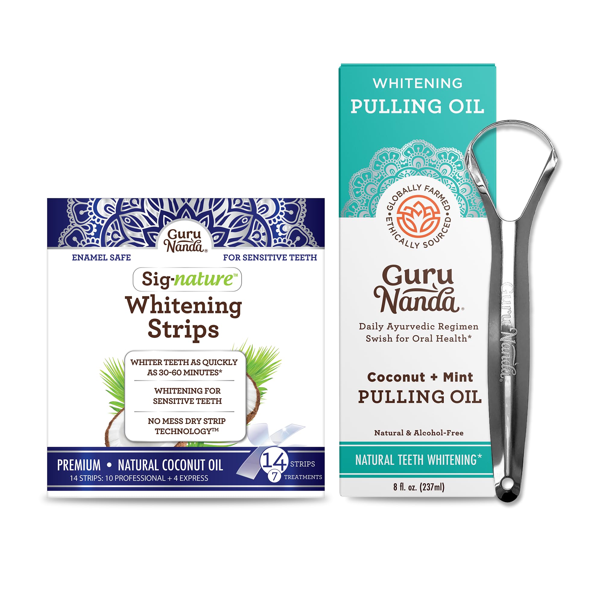 GuruNanda Coconut Oil Dental Care: Whitening Strips + Oil Pulling - Helps Brighten Teeth, Freshen Breath, Healthy Gums - 14 Whitening Strips + 8oz Oil Pulling for Complete Oral Care