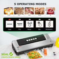 Bonsenkitchen Dry/Moist Vacuum Sealer Machine with 5-in-1 Easy Options for Sous Vide and Food Storage, Air Sealer Machine with 5 Vacuum Seal Bags & 1 Air Suction Hose, Silver