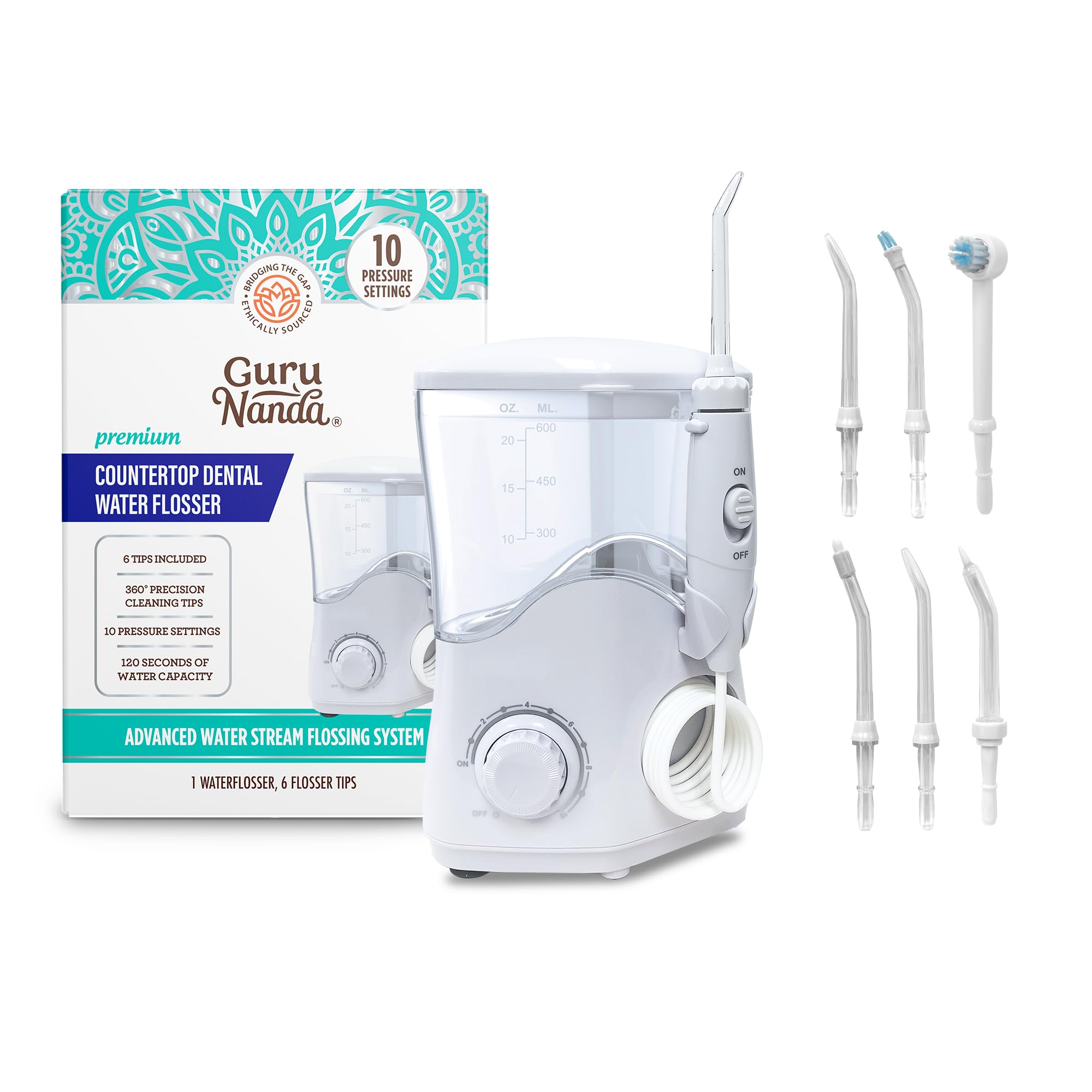 GuruNanda Countertop Water Flosser, Professional Oral Irrigator with 10 Pressure Levels & 6 Jet Tips, 600 mL Dental Flosser for Teeth, Gums & Braces, Complete Oral Care for Adults & Children (White)