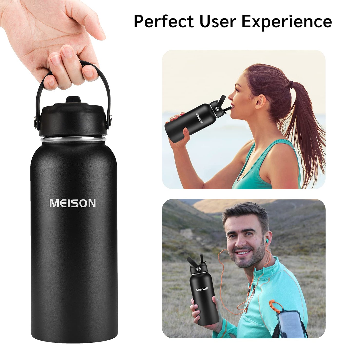 Insulated Water Bottle With Straw 32oz, Sports Water Bottle 1 Liter, Reusable Wide Mouth Vacuum 18/8 Stainless Steel Thermos Flask, Double Wall, BPA-Free (black, 32oz)