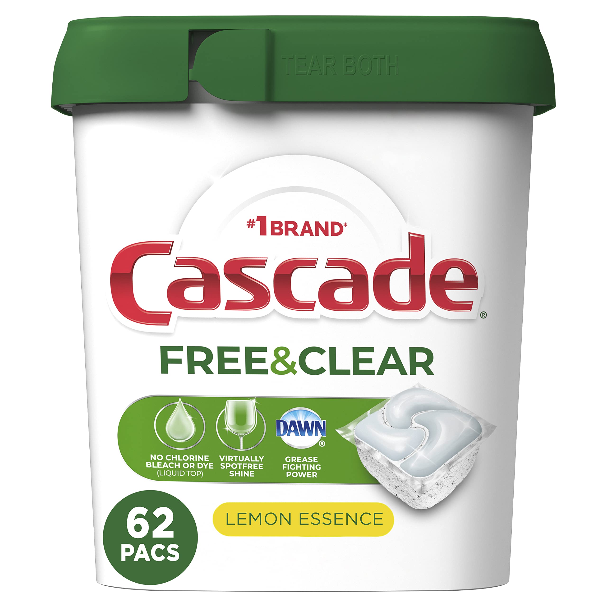 Cascade Free & Clear ActionPacs, Dishwasher Detergent, Lemon Essence, 62 Count