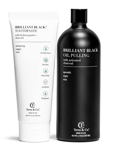 Brilliant Black Oil Pulling, Natural Ayurvedic Blend of Activated Charcoal and Coconut Oil, Oil Pulling Mouthwash Rinse with Peppermint Essential Oil - Terra & Co.