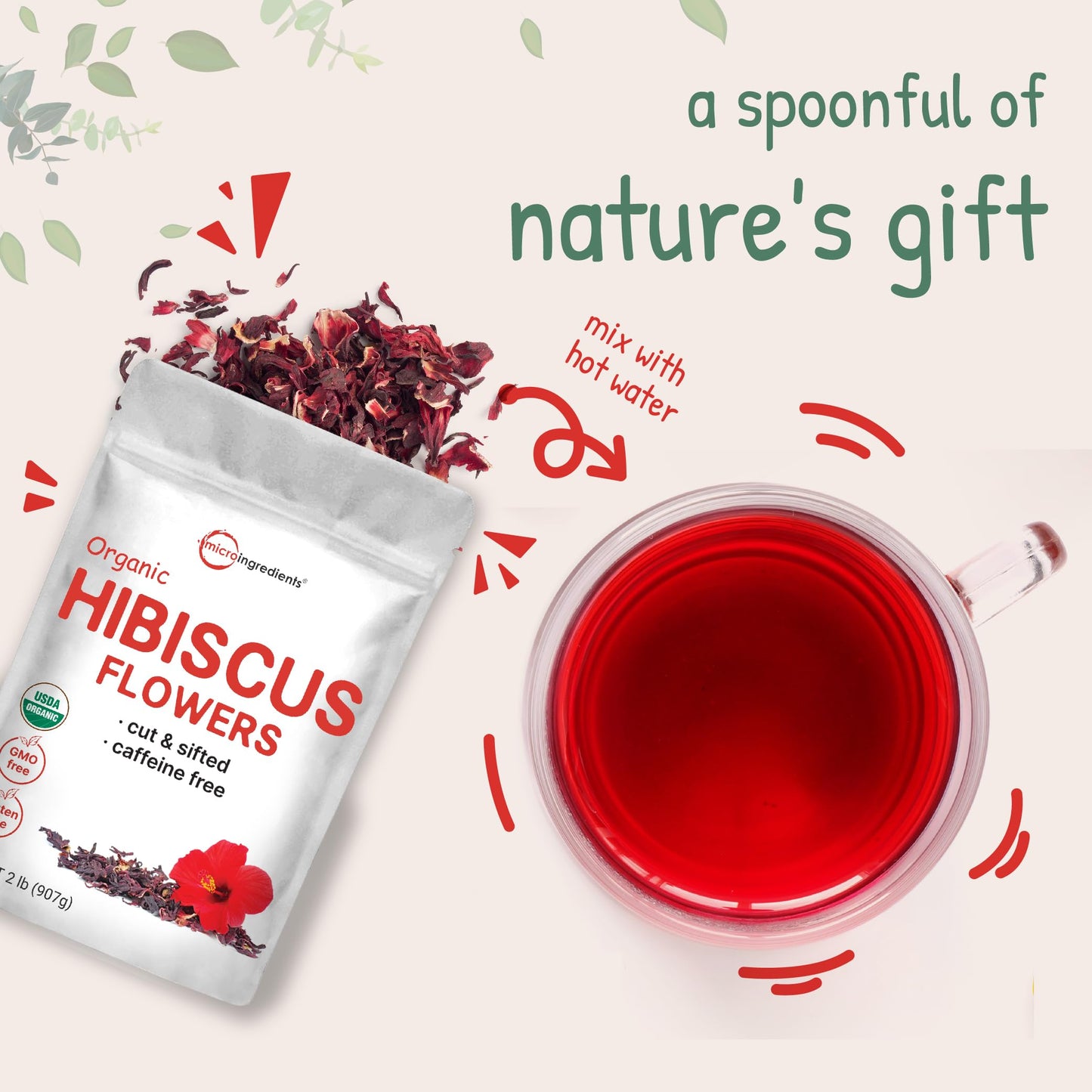 Organic Hibiscus Flowers, 2lbs | Flor de Jamaica, Loose Leaf Flower Source for Tea Bags | Cut & Sifted Dried Leaves | Great for Iced or Hot Brewed Herbal Tea | Caffeine Free, Non-GMO, No Sugar