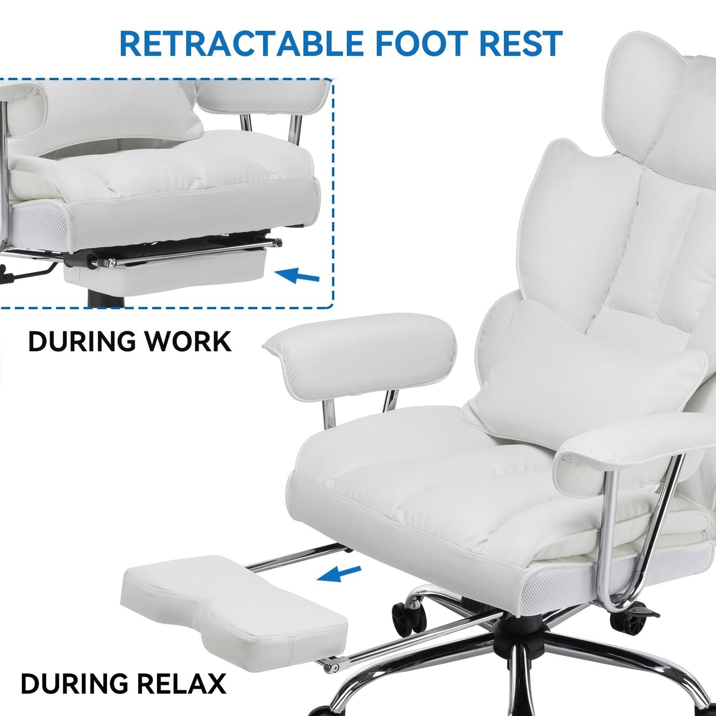 Efomao Desk Office Chair 400LBS,Big High Back PU Leather Computer Chair,Executive Swivel Chair with Leg Rest and Lumbar Support,White Office Chair