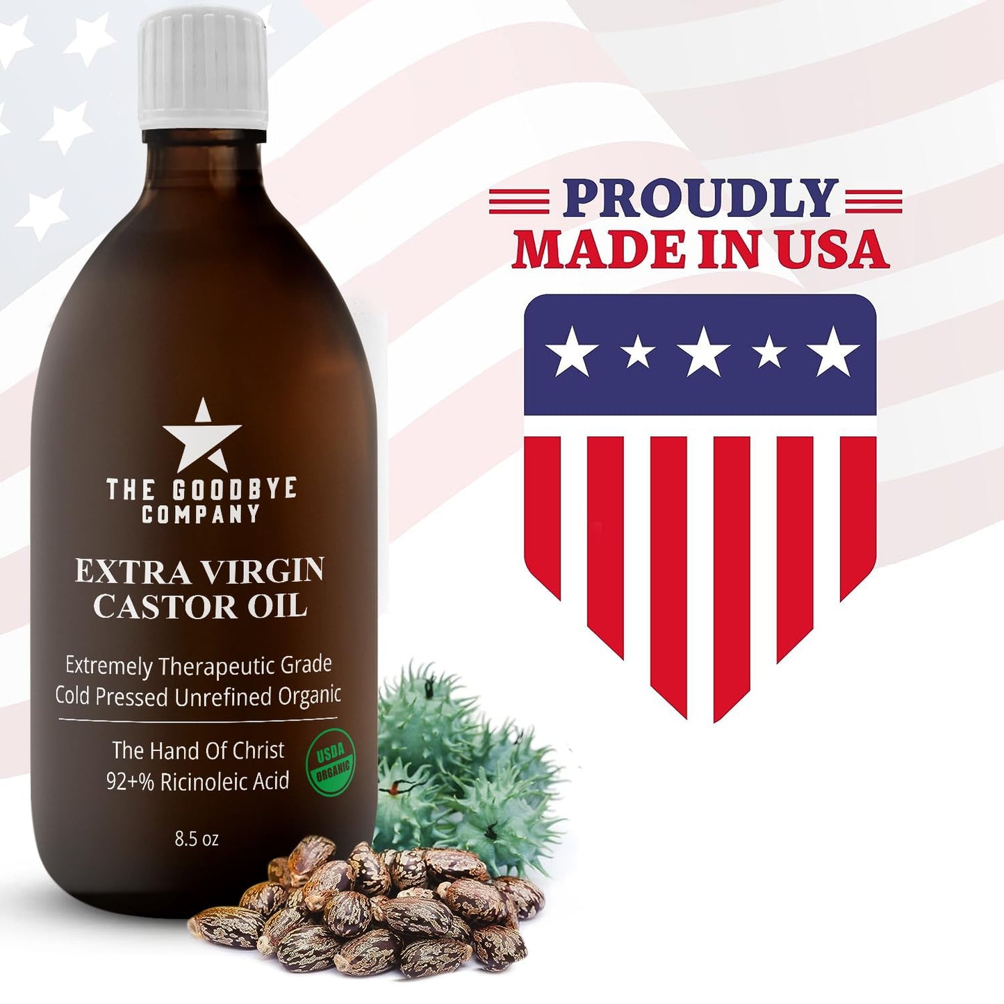 Castor Oil USDA Certified Organic Glass Bottle Pure Cold-Pressed - (250 mL) 100% Natural Virgin Castor Oil Unrefined Moisturizing for Skin Hair Growth for Eyelashes, Hexane & BPA Free (8.50 Ounces)