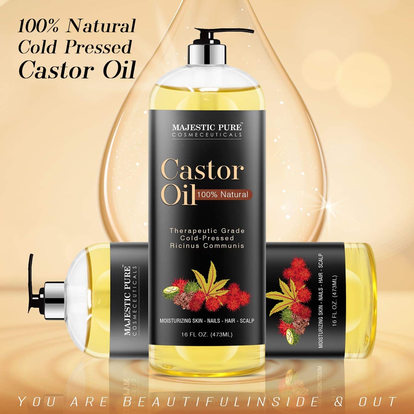 MAJESTIC PURE Castor Oil, 100% Natural Wonder Oil with Numerous Hair, Scalp, Skin and Nails Benefits - Packaging May Vary- 16 fl oz