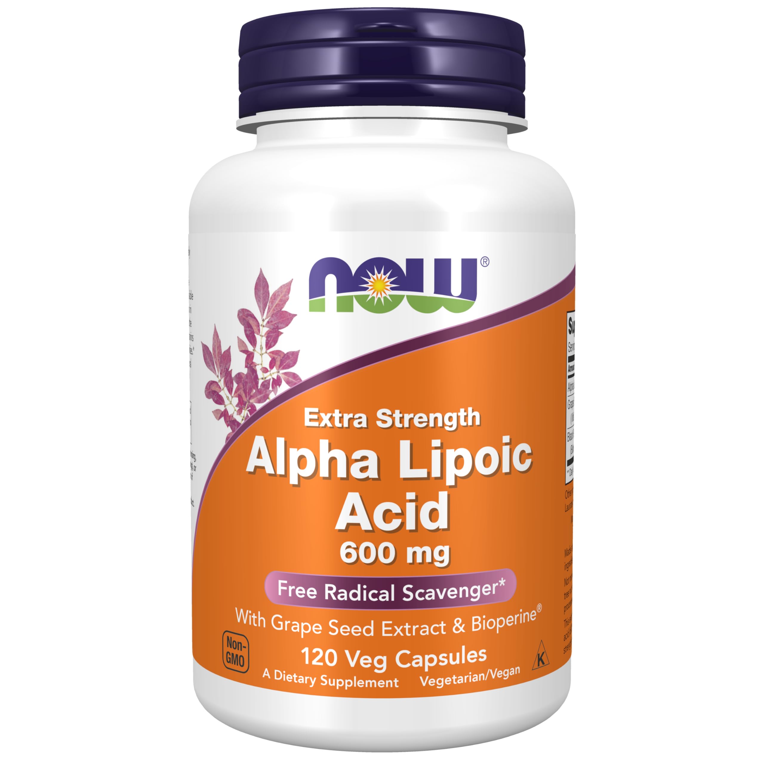 NOW Supplements, Alpha Lipoic Acid 600 mg with Grape Seed Extract & Bioperine®, Extra Strength, 120 Veg Capsules