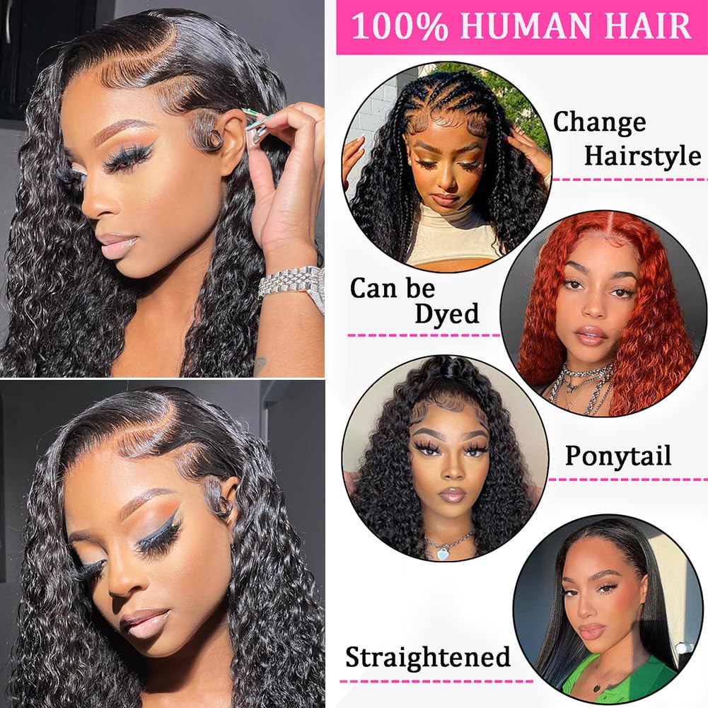 BLACROSS 28 Inch 13x6 Deep Wave Lace Front Wigs Human Hair 180 Density Deep Part Curly Lace Front Wigs Human Hair Pre Plucked Glueless Transparent Lace Frontal Wig Pre Plucked with Baby Hair