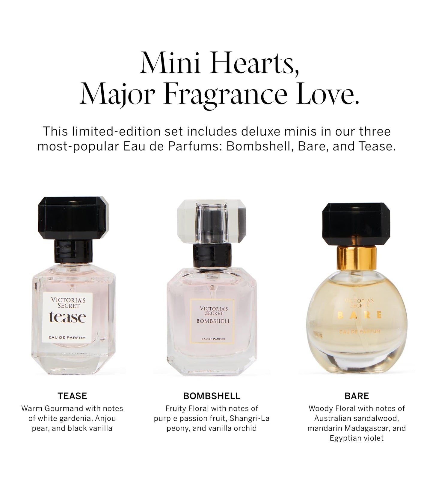 Victoria's Secret Deluxe Mini Fragrance Trio, Eau de Parfume Valentine's Day Giftset for Women, Includes Bombshell, Bare and Tease Mini Perfumes