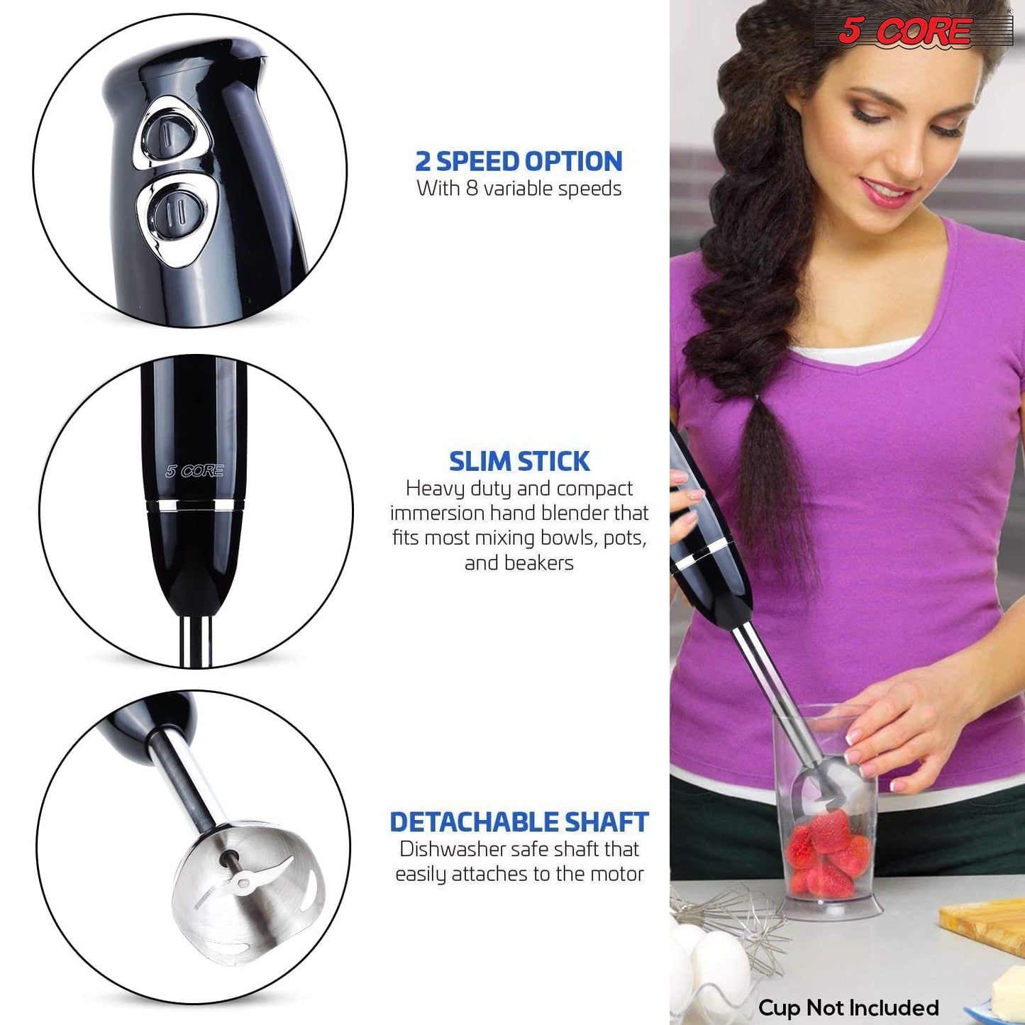 5 Core Handheld Blender, Electric Hand Blender 8-Speed 500W, Immersion Hand Held Blender Stick with Food Grade Stainless Steel Blades for Perfect for Smoothies, Puree Baby Food & Soup