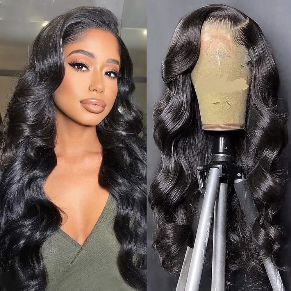 Larhali Hair 13x6 HD Transparent Lace Front Wigs Brazilian Body Wave Human Hair Wigs For Black Women 180% Density Pre Plucked with Baby Hair Natural Black (16 inch)