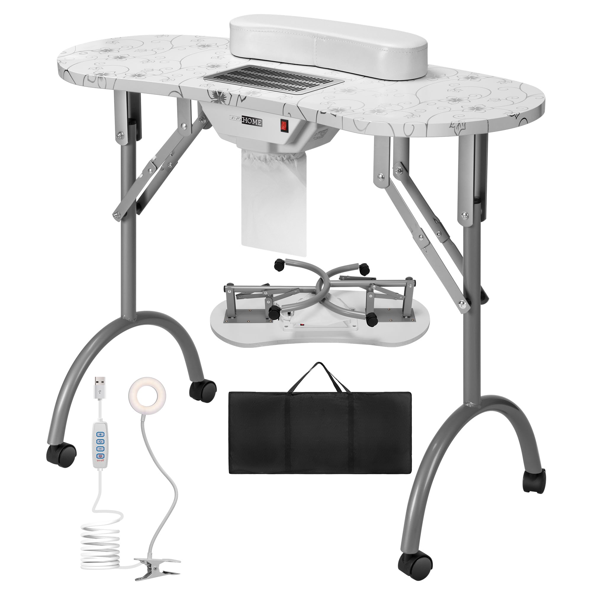 VIVOHOME Portable Manicure Nail Table on Wheels with Built-in Dust Collector, Updated USB-Plug LED Table Lamp, Carry Bag for Home Spa Beauty Salon Workstation, White