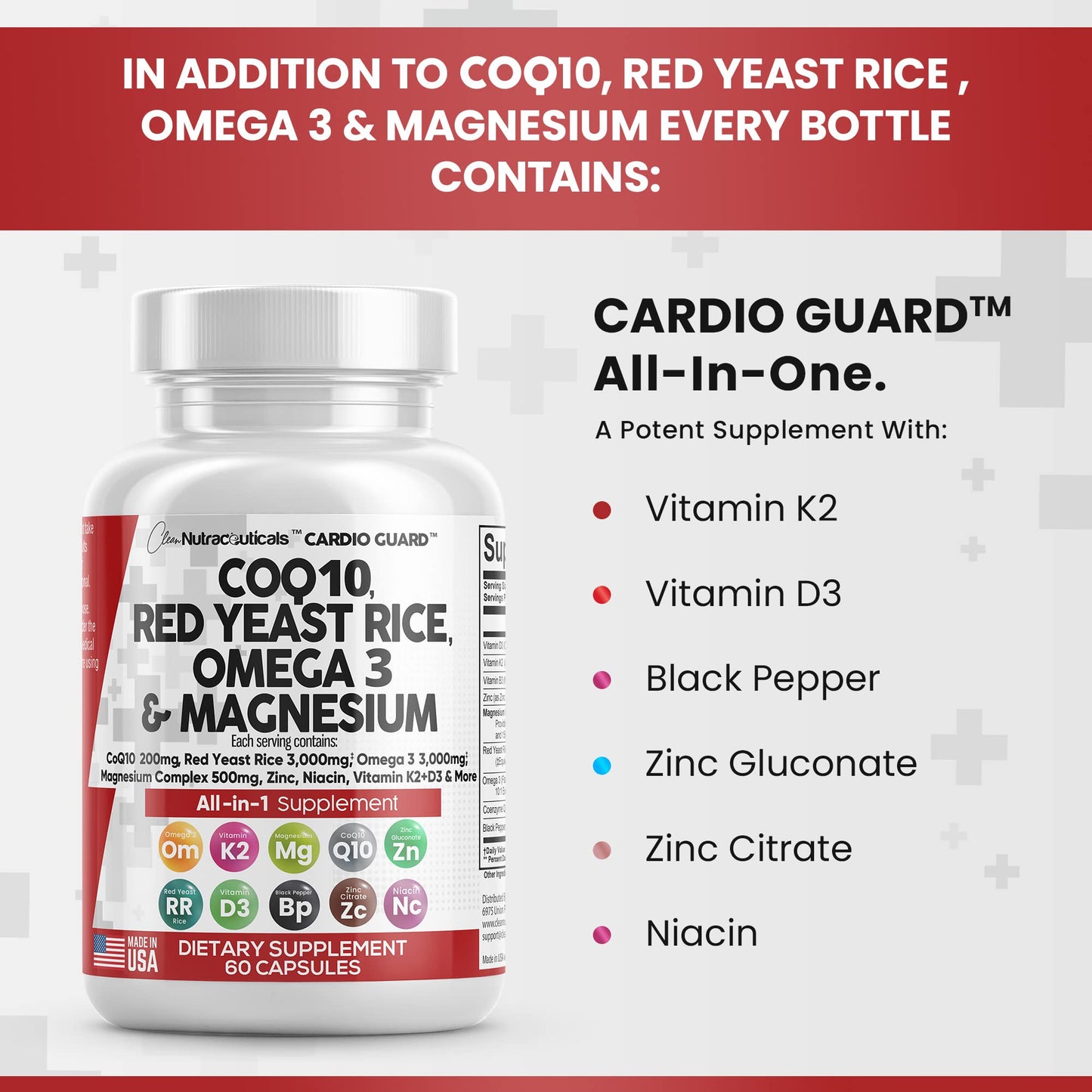 COQ10 200mg Red Yeast Rice 3000mg Omega 3 3000mg Magnesium Complex 500mg Niacin Zinc Vitamin K2 D3 - Heart Health Support Vitamins for Women and Men with Vitamin B3, Coenzyme Q10 - Made in USA 60 Caps