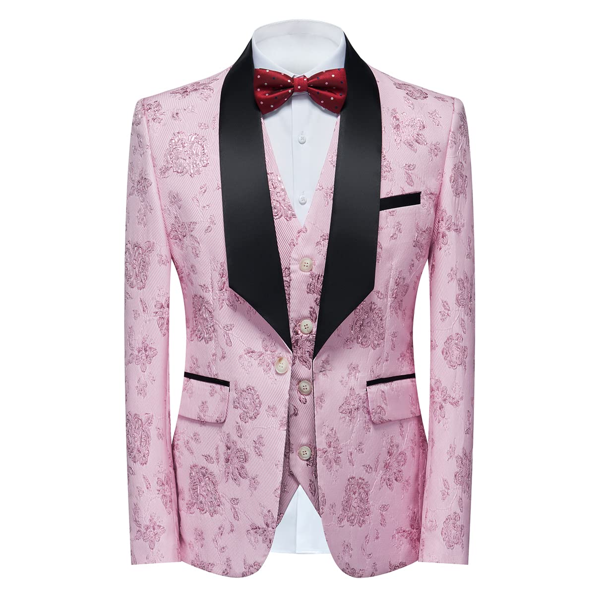Tuxedo Suits for Men 3 Piece Regular Fit Suit Floral Pattern Blazer Jacket Waistcoat Pants Men Suit Set for Wedding Baby Pink