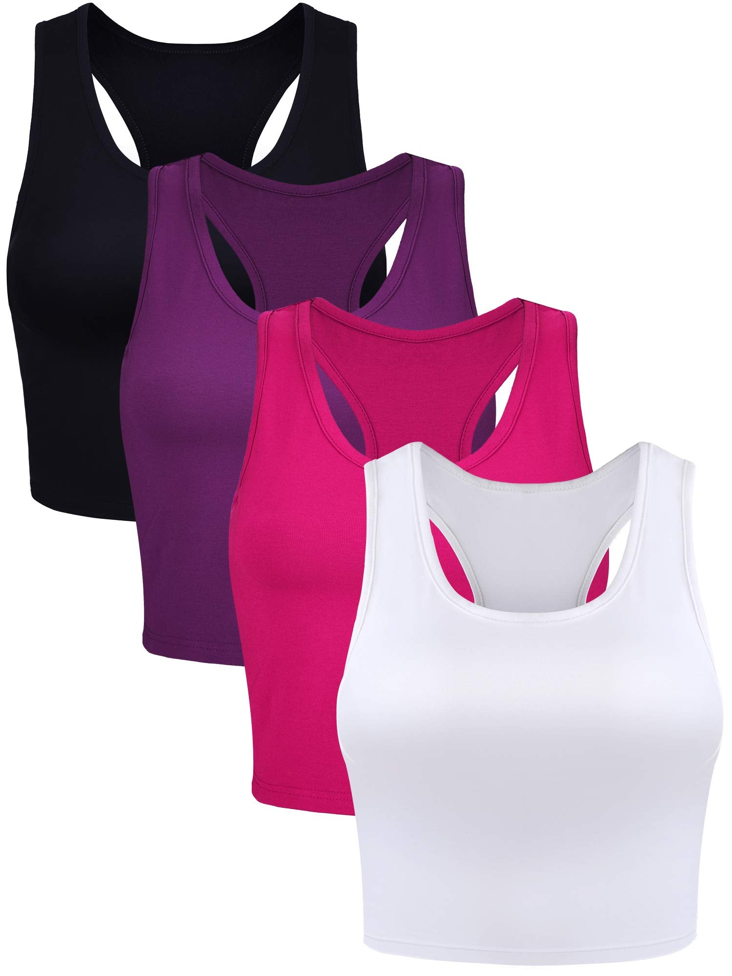 Boao 4 Pieces Basic Crop Tank Tops Sleeveless Racerback Crop Top for Women(Black, White, Rose Red, Purple,Small)