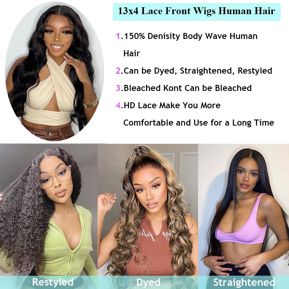 K KF BEAUTY U Body wave Lace Front Wigs Human Hair for Black Women 13x4 HD Transparent Glueless Human Hair Wigs for Black Women Pre Plucked with Baby Hair 150 Denisity Natural Black 26inch