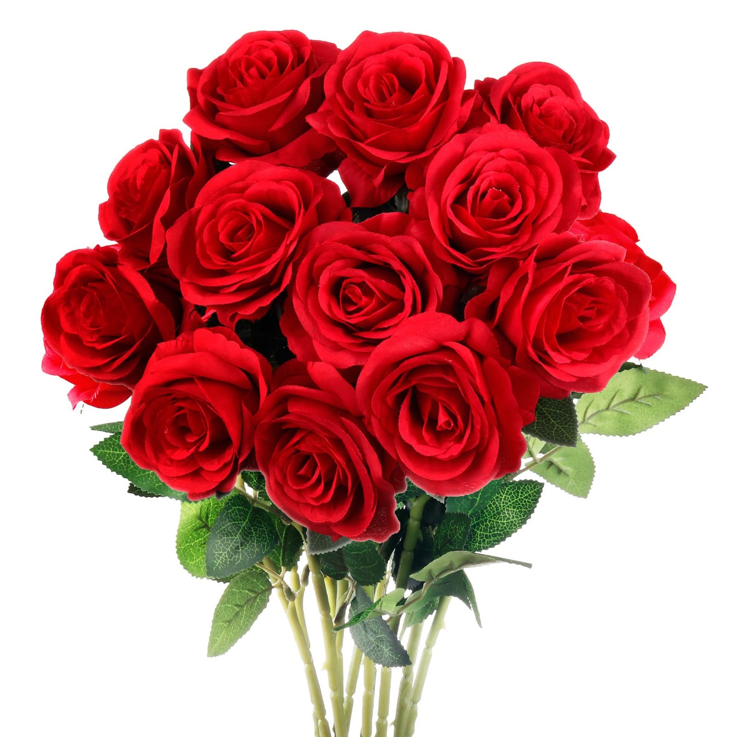 Mocoosy 12PCS Red Roses Artificial Silk Flowers, Fake Roses with Long Stems Realistic Faux Rose Bouquets for Wedding Decorations Bridal Shower Floral Arrangements Party Home Table Decor