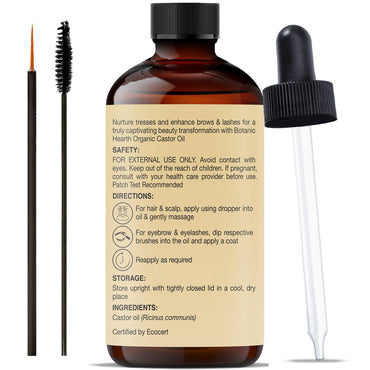 Botanic Hearth Castor Oil | USDA Certified Organic |100% Pure & Hexane Free | Cold Pressed | Growth for Eyelashes, Eyebrows, Hair | With Eyebrow & Eyelash Brush | 2fl oz