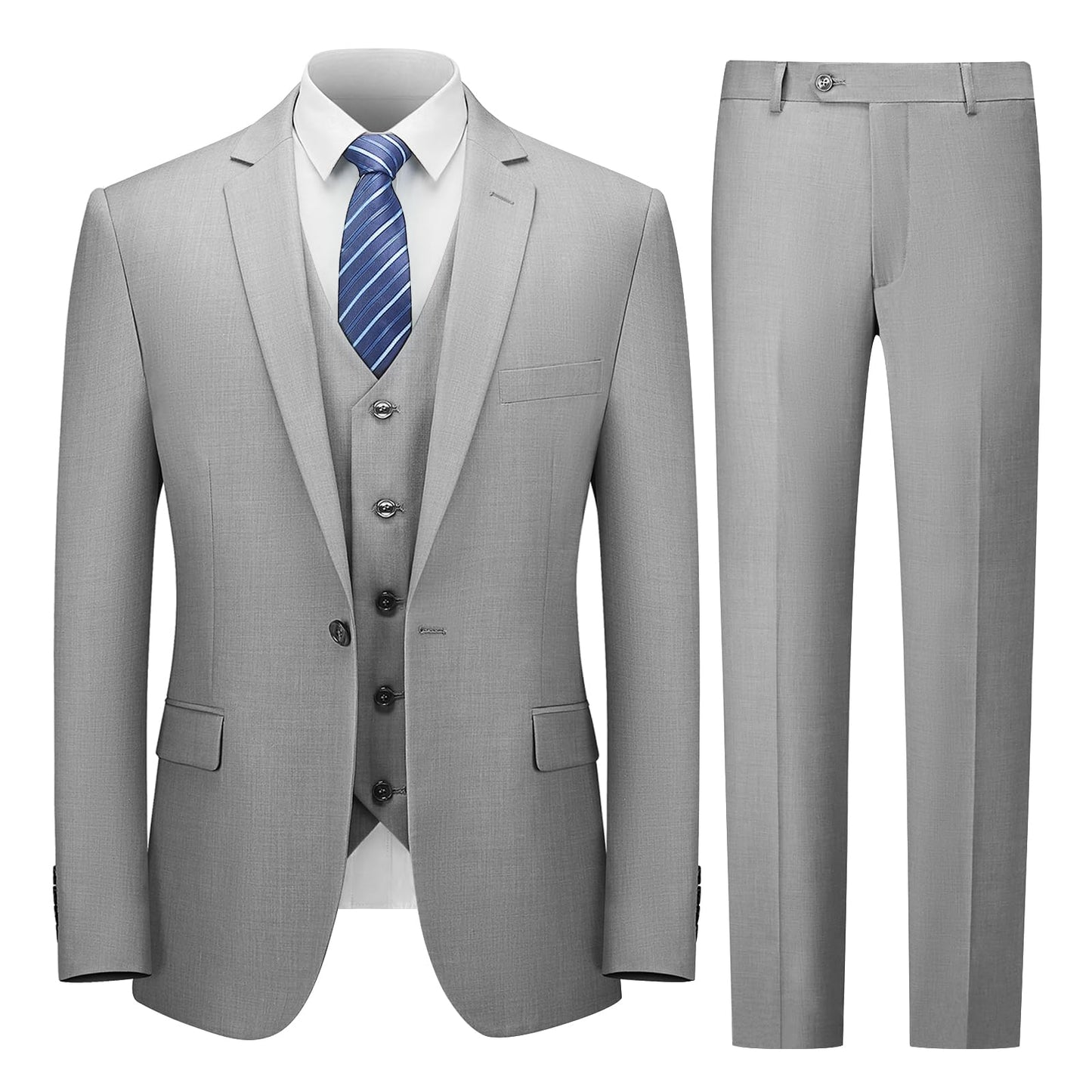 Cooper & Nelson Men's Suit Slim Fit, 3 Piece Suits for Men, One Button Jacket Vest Pants with Tie, Tuxedo Set Light Grey XS