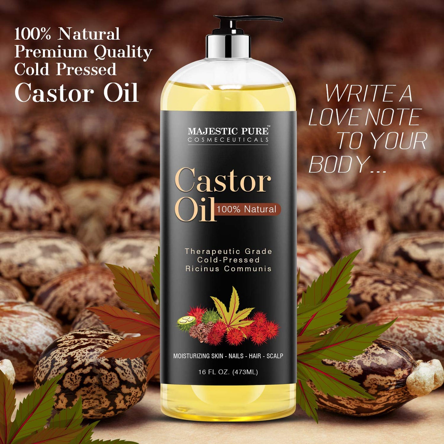 MAJESTIC PURE Castor Oil, 100% Natural Wonder Oil with Numerous Hair, Scalp, Skin and Nails Benefits - Packaging May Vary- 16 fl oz