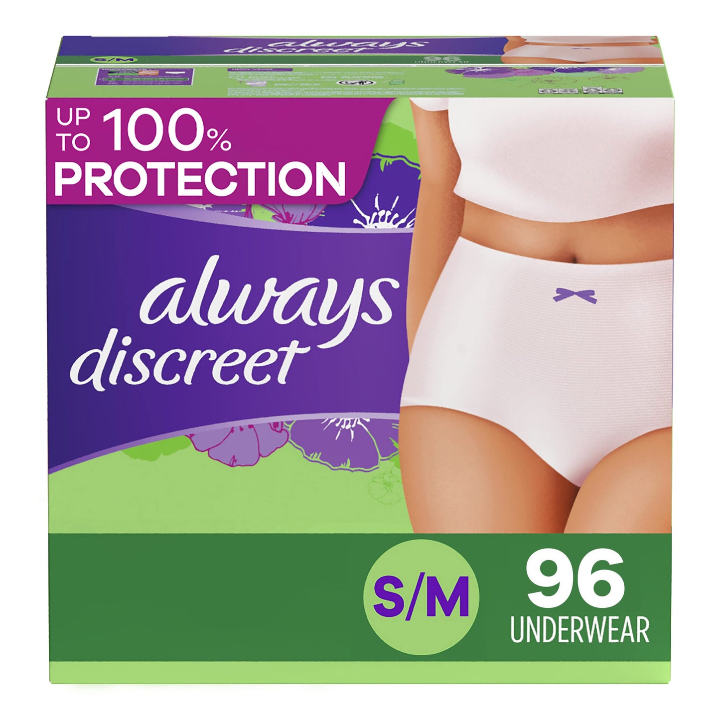 Always Discreet Incontinence & Postpartum Incontinence Underwear for Women, Small/Medium, 96 Count, Maximum Protection, Disposable