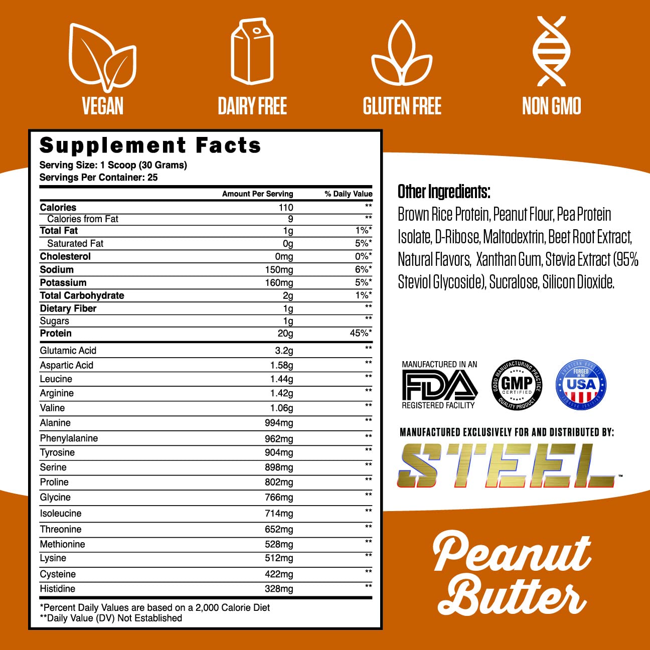 Steel Supplements Veg-PRO | Vegan Protein Powder, Peanut Butter | 25 Servings (1.65lbs) | Organic Protein Powder with BCAA Amino Acid | Gluten Free | Non Dairy | Low Carb Formula | Artficial Flavoring