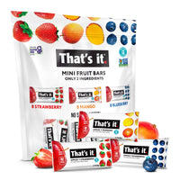 That's it. Mini Fruit Bars (Variety 24 Pack) No Sugar Added, Plant-Based, Vegan & Gluten Free, Breakfast Bar, Paleo, for Children & Adults, Non GMO, Fiber (8 Blueberry, 8 Strawberry, 8 Mango)