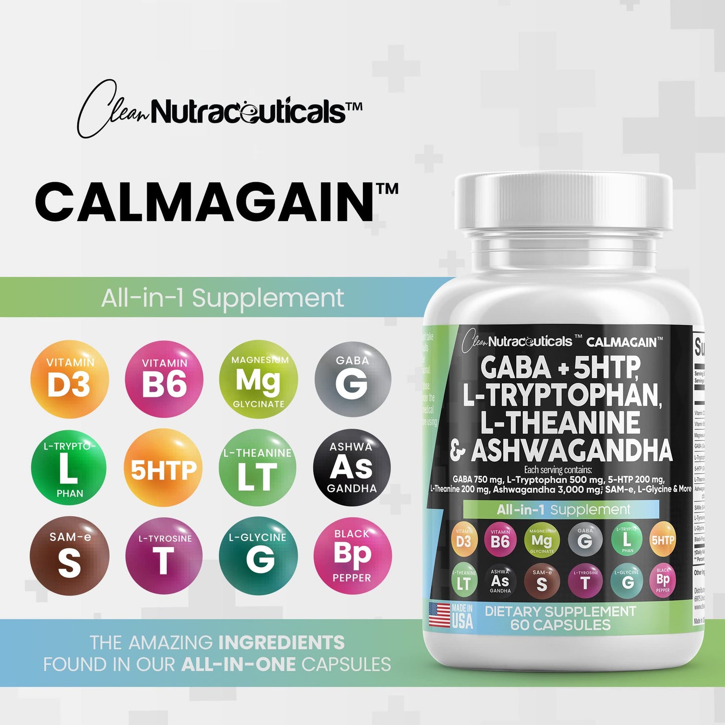 Clean Nutraceuticals GABA 750mg 5 HTP 200mg L Tryptophan 500mg L Theanine 200mg Ashwagandha 3000mg SAM-e L-Glycine - Mood Support Vitamins for Women and Men with L-Tyrosine - Made in USA 60 Caps