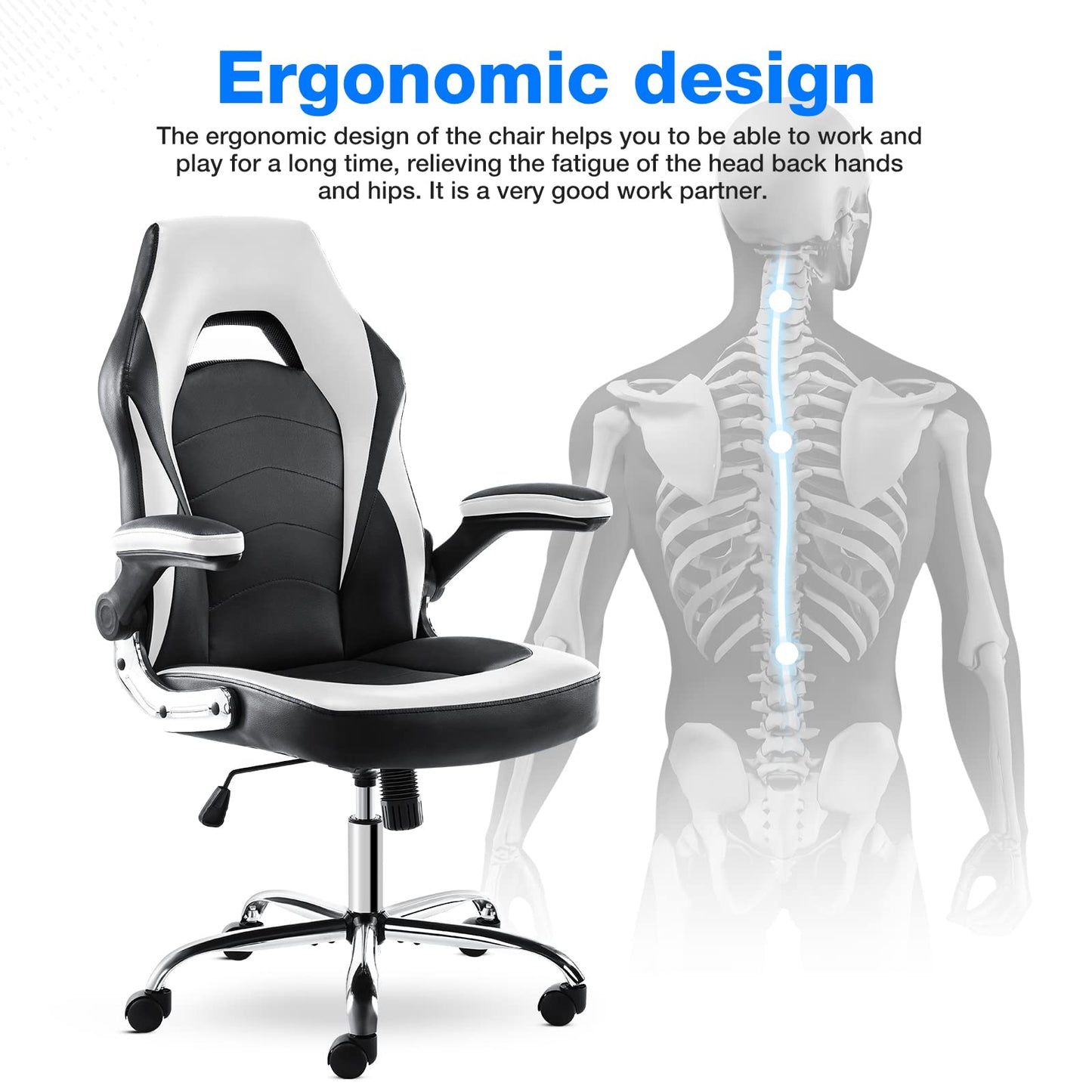 JHK Gaming Computer Office Ergonomic Desk Chair Armrests Neck Pillow and Built-in Lumbar Adjustment, Black and White