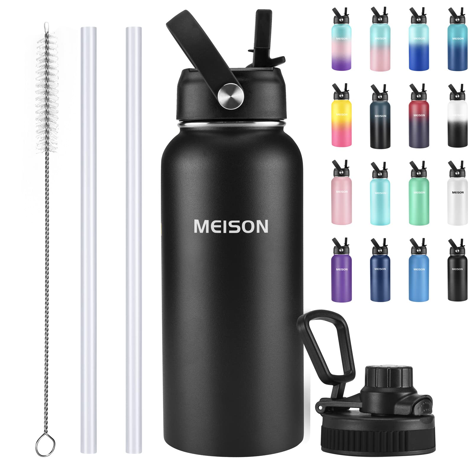 Insulated Water Bottle With Straw 32oz, Sports Water Bottle 1 Liter, Reusable Wide Mouth Vacuum 18/8 Stainless Steel Thermos Flask, Double Wall, BPA-Free (black, 32oz)