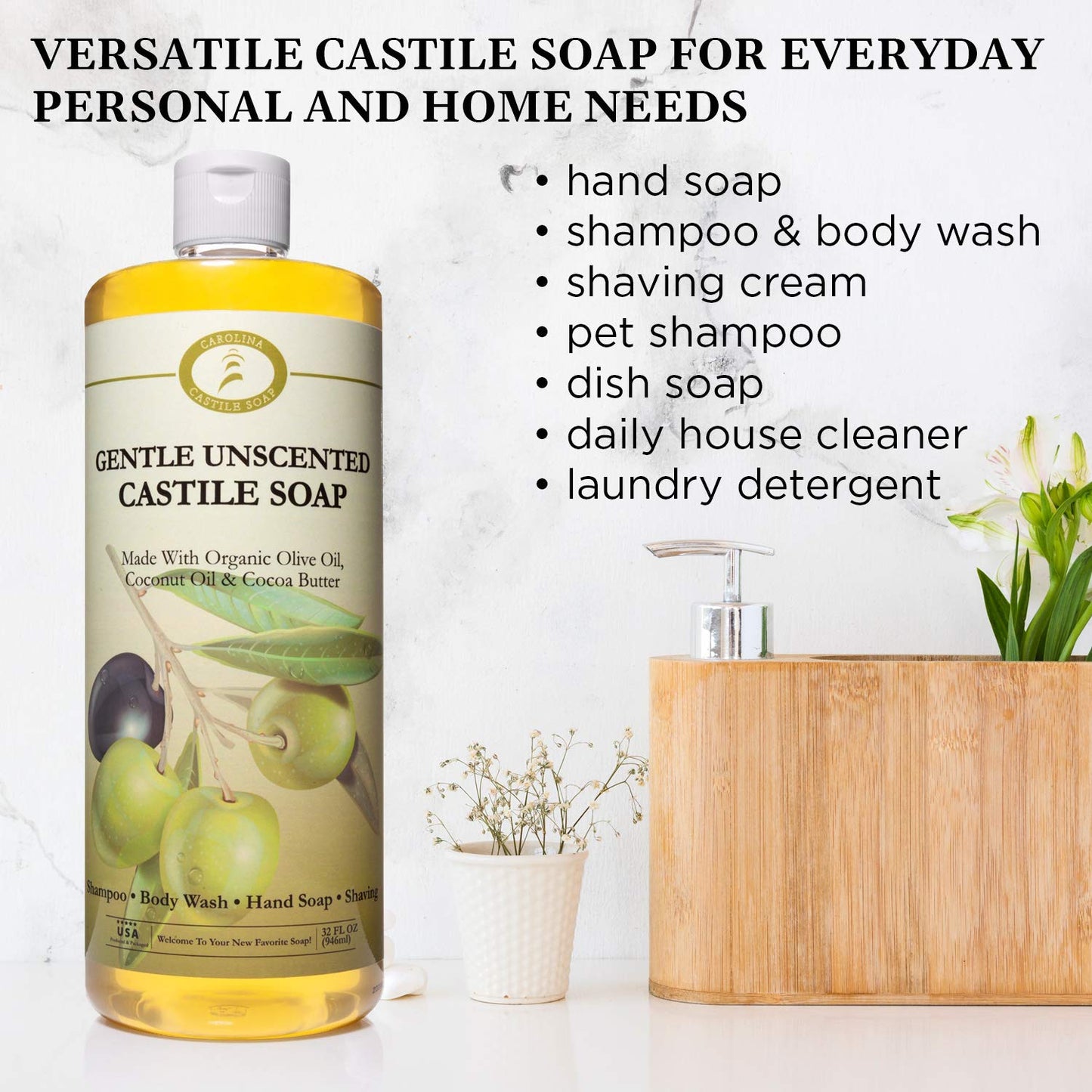 Carolina Castile Soap Unscented Castile Soap Liquid - 32 oz Vegan & Pure Organic Soap Concentrated Non Drying All Natural Formula Good for Sensitive Skin (32 Ounces)