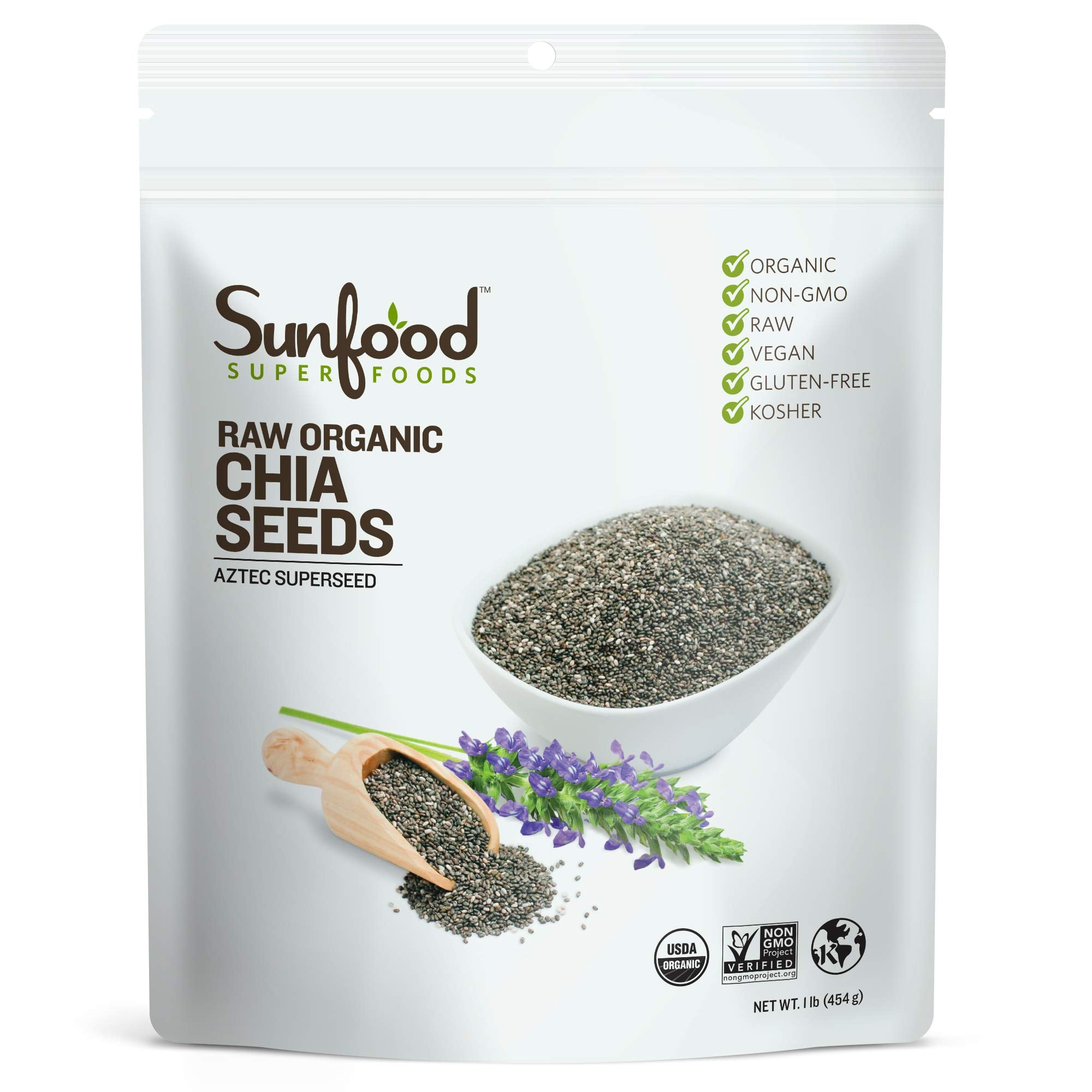 Sunfood Superfoods Chia Seeds - Organic, Whole - Omega Rich & Heart Healthy Keto Super-Seed - Great for Weight-Loss - Non-GMO - Enjoy As-Is or Ground in Smoothies - Bulk 1 lb Bag
