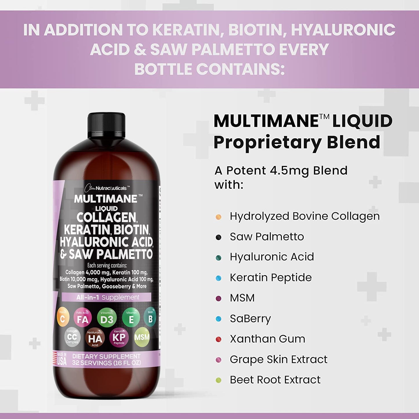 Liquid Collagen 4000mg Biotin 10000mcg Keratin 100mg Saw Palmetto Hyaluronic Acid 100mg - Hair Skin and Nails Vitamins and DHT Blocker with Vitamin D3 MSM 50mg Made in USA - 16 Fl. Oz