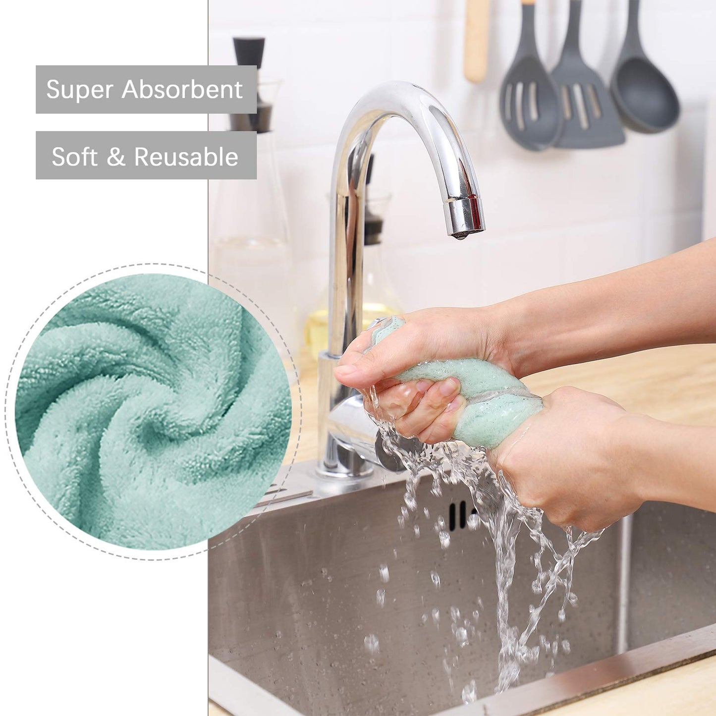 20 Pack Kitchen Dish Cloths, Super Absorbent Microfiber Cleaning Cloth for Cleaning Dishes, Kitchen, Bathroom, Car (Grey & Green)