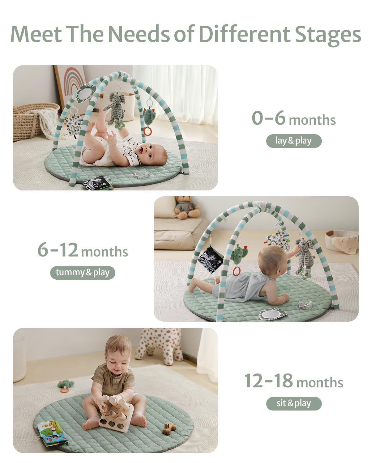 Baby Play Gym Mat, Tummy Time Mat with 6 Detachable Toys for Stage-Based Sensory & Motor Skill All Development, Easy to Install & Clean Baby Activity Mat, Gift for Newborn Baby Essentials, Sage Green