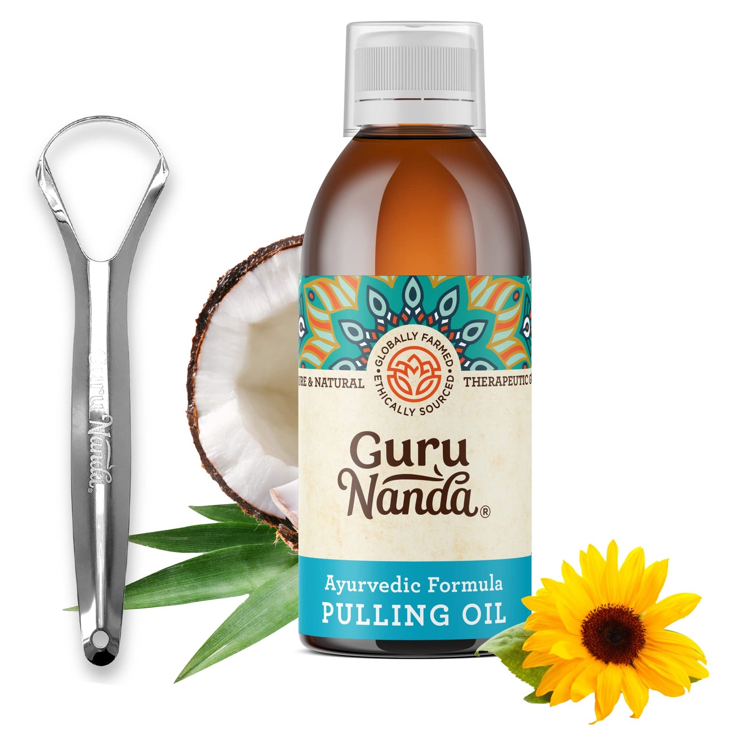 GuruNanda Advanced Formula Oil Pulling with Tongue Scraper, Original Oil Pulling, Mickey D’s- Coconut and Peppermint Oil Pulling & Concentrated Mouthwash- for Fresh Breath & Healthy Teeth & Gums