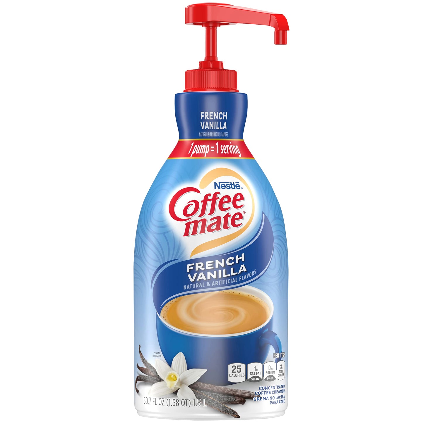 Coffee mate French Vanilla Liquid Concentrate, 1.5 Liter Pump Bottle (Pack of 3) with By The Cup Coffee Scoop