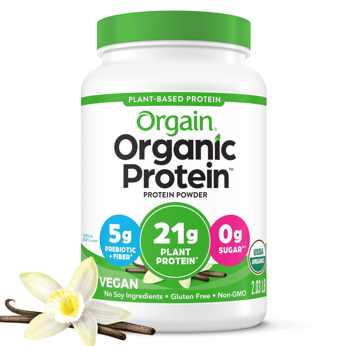 Orgain Organic Vegan Protein Powder, Vanilla Bean - 21g Plant Based Protein, Gluten Free, Dairy Free, Lactose Free, Soy Free, No Sugar Added, Kosher, For Smoothies & Shakes - 2.03lb