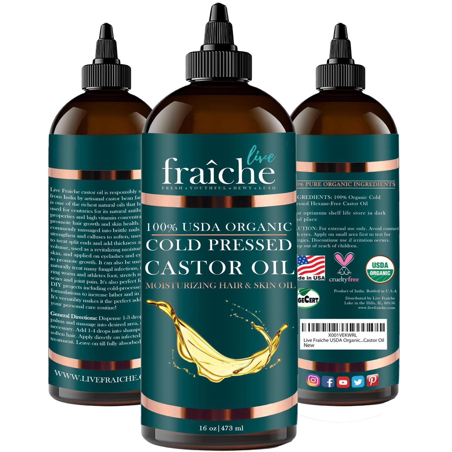 Live Fraiche USDA Organic Cold Pressed Castor Oil (16oz), 100% Pure, Hexane-Free Castor Oil - Moisturizing & Healing, For Dry Skin, Hair Growth - For Skin, Hair Care, Eyelashes - Caster Oil