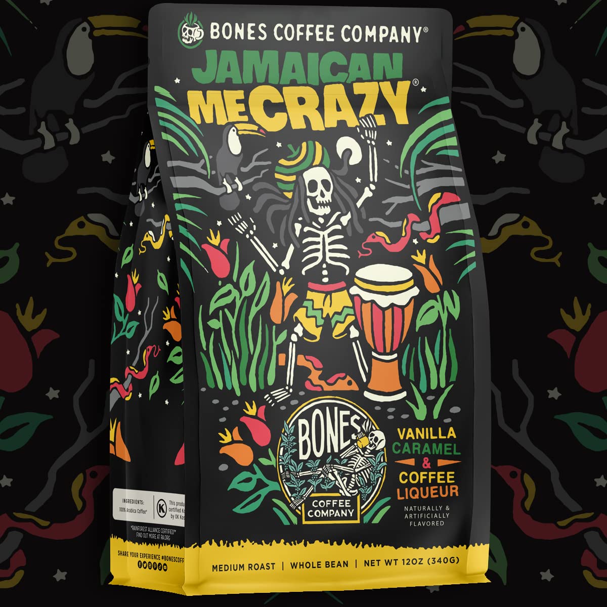 Bones Coffee Company Jamaican Me Crazy Ground Coffee Beans Vanilla Caramel, and Coffee Liqueur Flavor | 12 oz Medium Roast Low Acid Coffee | Flavored Coffee Gifts & Beverages (Ground)