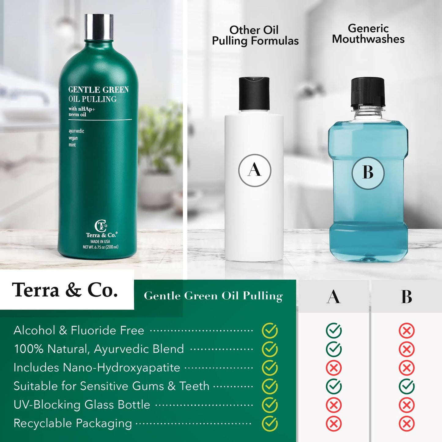Terra & Co. Gentle Ayurveda Oil Pulling for Teeth and Gums - Vegan Natural Mouthwash No Alcohol or Fluoride to Improve Oral Health - Made with Cold Pressed Plant Oils and Nano Hydroxyapatite - 200ml