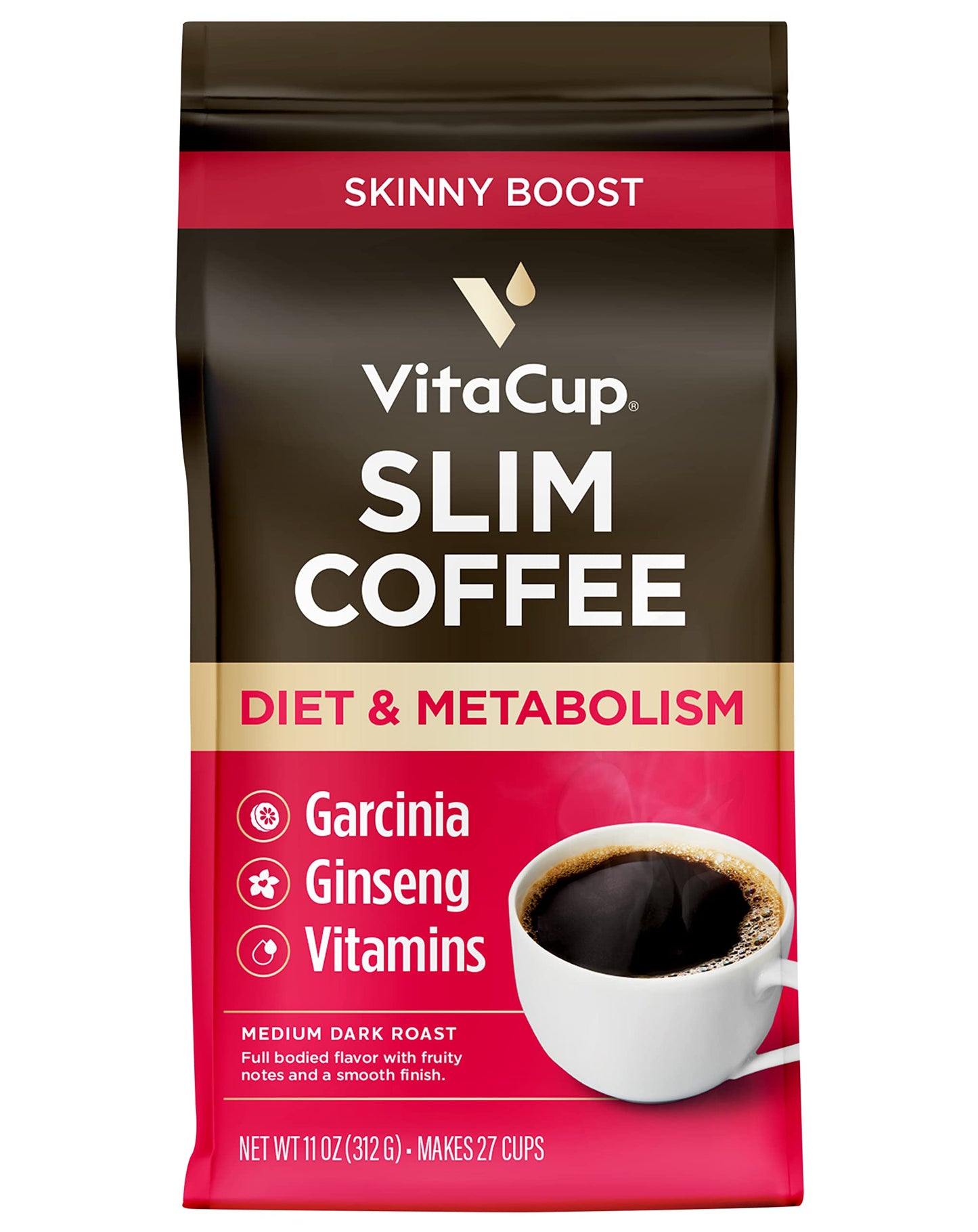 VitaCup Slim Instant Tea Packets Acai Oolong tea 24ct + Slim Instant Medium-Dark Ground Coffee 11oz, w/B Vitamins, Garcinia Camogia, Fiber, For Diet & Metabolism Support
