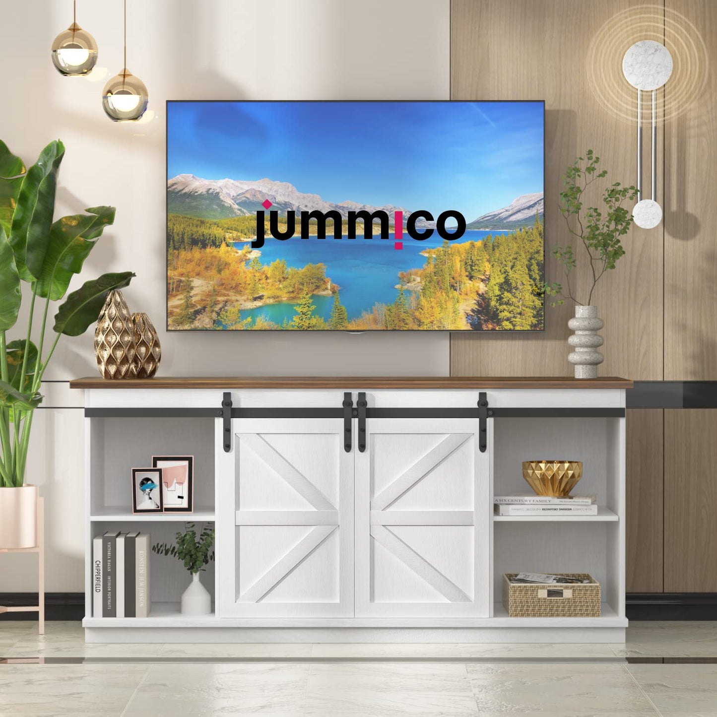 JUMMICO Farmhouse TV Stand up to 65 Inches, Mid Century Modern Entertainment Center with Sliding Barn Doors and Storage Cabinets, Metal Media TV Console Table for Living Room (Bright White)